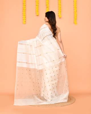 white matka silk jamdani saree with sequins & blouse 4
