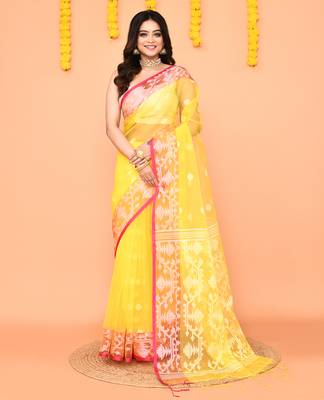 yellow resham silk jamdani saree with handwoven blouse 1