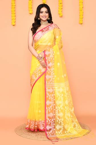 yellow resham silk jamdani saree with handwoven blouse