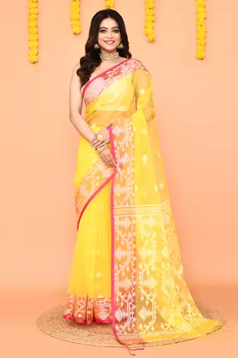 yellow resham silk jamdani saree with handwoven blouse