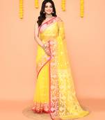 yellow resham silk jamdani saree with handwoven blouse