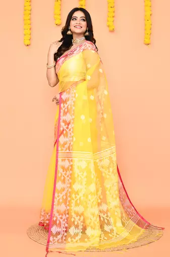 yellow resham silk jamdani saree with handwoven blouse