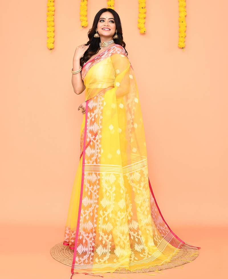 yellow resham silk jamdani saree with handwoven blouse