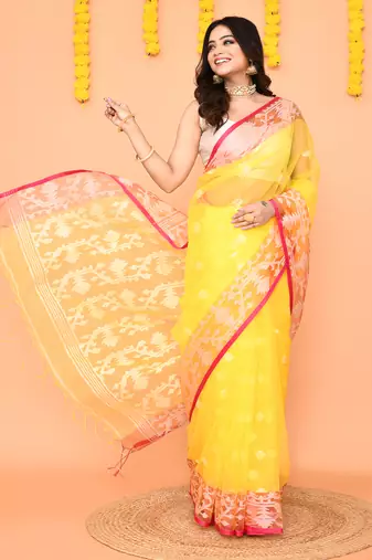 yellow resham silk jamdani saree with handwoven blouse
