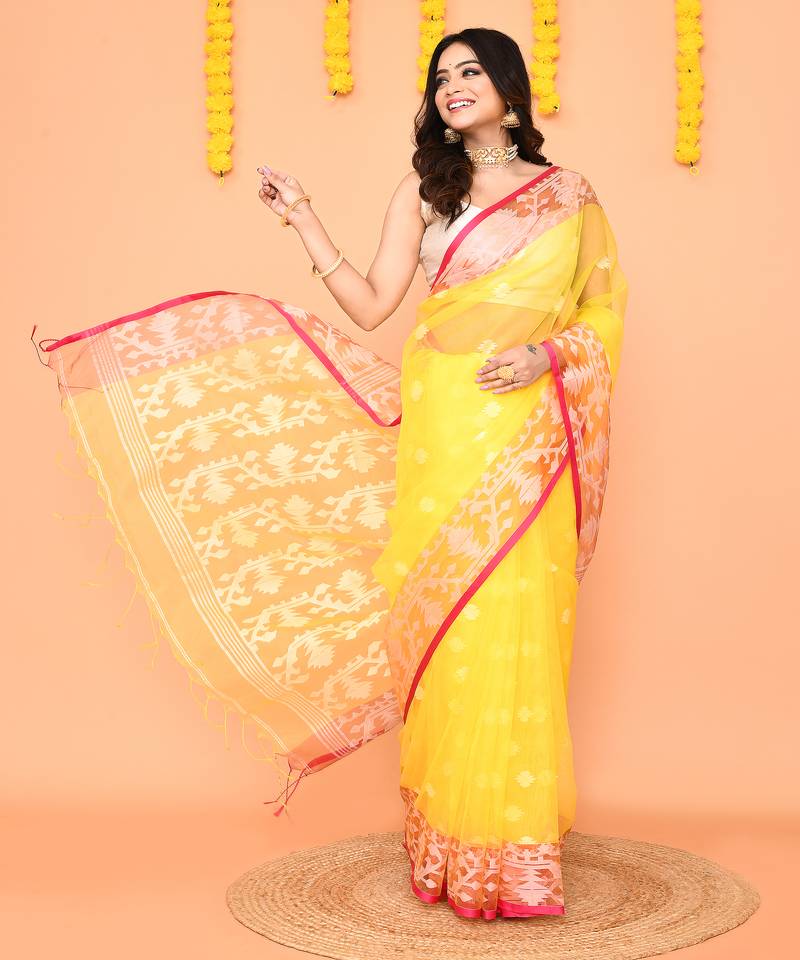 yellow resham silk jamdani saree with handwoven blouse