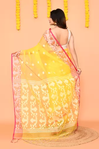 yellow resham silk jamdani saree with handwoven blouse