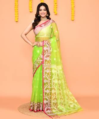 lime resham silk jamdani saree with handwoven blouse 1