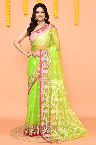 lime resham silk jamdani saree with handwoven blouse