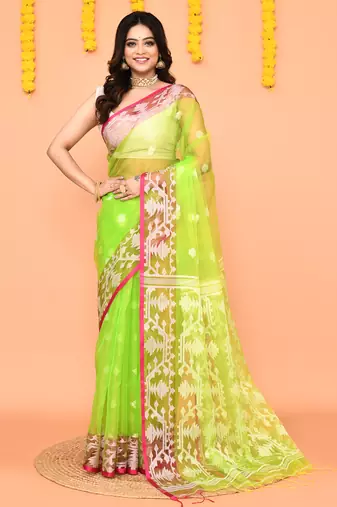 lime resham silk jamdani saree with handwoven blouse
