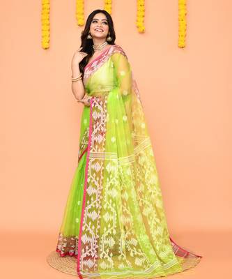 lime resham silk jamdani saree with handwoven blouse 2