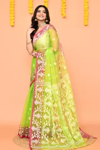 lime resham silk jamdani saree with handwoven blouse