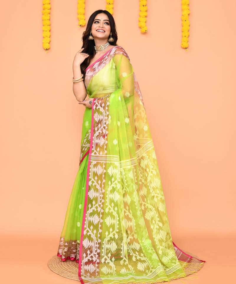 lime resham silk jamdani saree with handwoven blouse