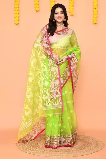 lime resham silk jamdani saree with handwoven blouse