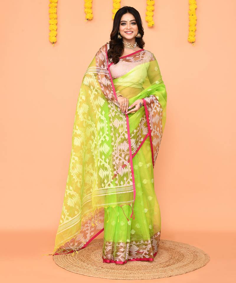 lime resham silk jamdani saree with handwoven blouse