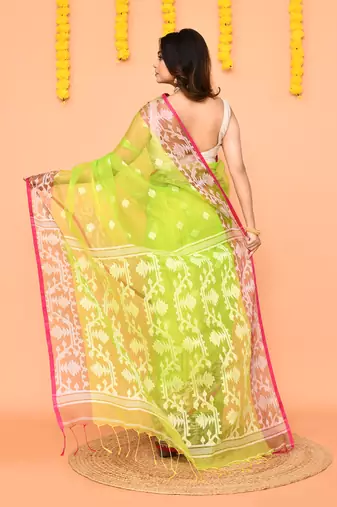 lime resham silk jamdani saree with handwoven blouse