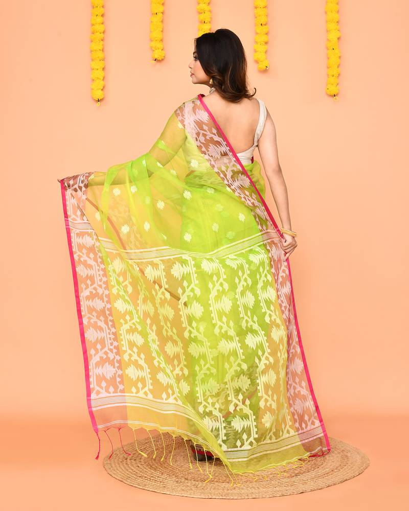 lime resham silk jamdani saree with handwoven blouse