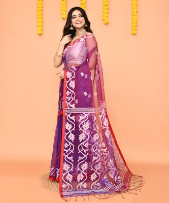 purple resham silk jamdani saree with handwoven blouse 1