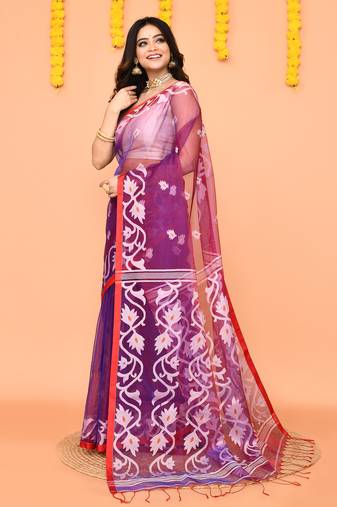 purple resham silk jamdani saree with handwoven blouse