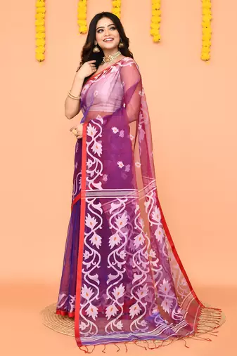 purple resham silk jamdani saree with handwoven blouse
