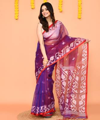 purple resham silk jamdani saree with handwoven blouse 2