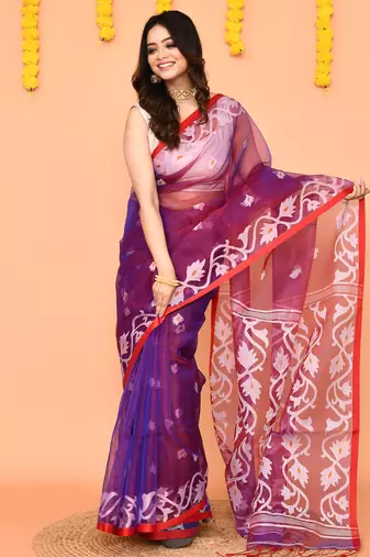 purple resham silk jamdani saree with handwoven blouse