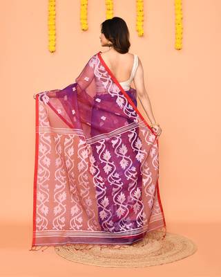 purple resham silk jamdani saree with handwoven blouse 3