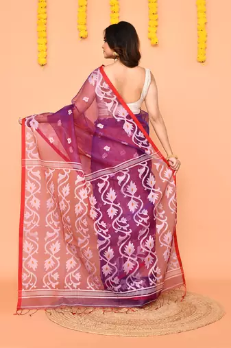 purple resham silk jamdani saree with handwoven blouse