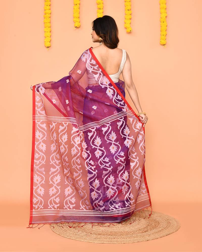 purple resham silk jamdani saree with handwoven blouse