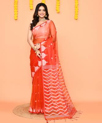 orange resham silk jamdani saree with contrast pallu 1