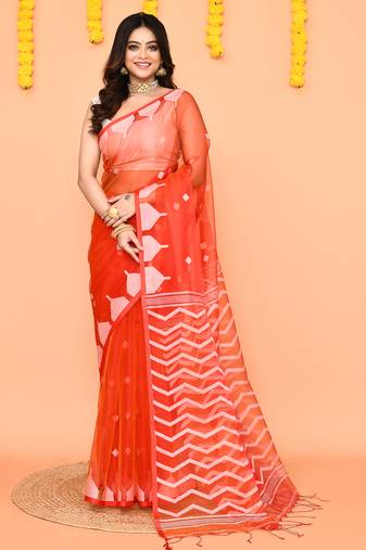 orange resham silk jamdani saree with contrast pallu