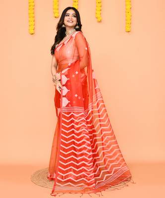 orange resham silk jamdani saree with contrast pallu 2
