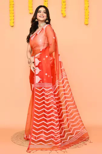 orange resham silk jamdani saree with contrast pallu