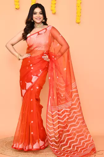 orange resham silk jamdani saree with contrast pallu