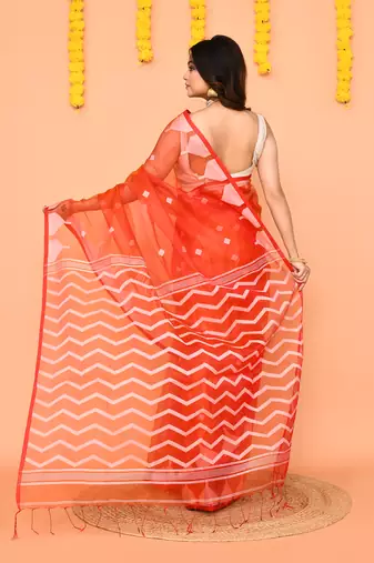 orange resham silk jamdani saree with contrast pallu