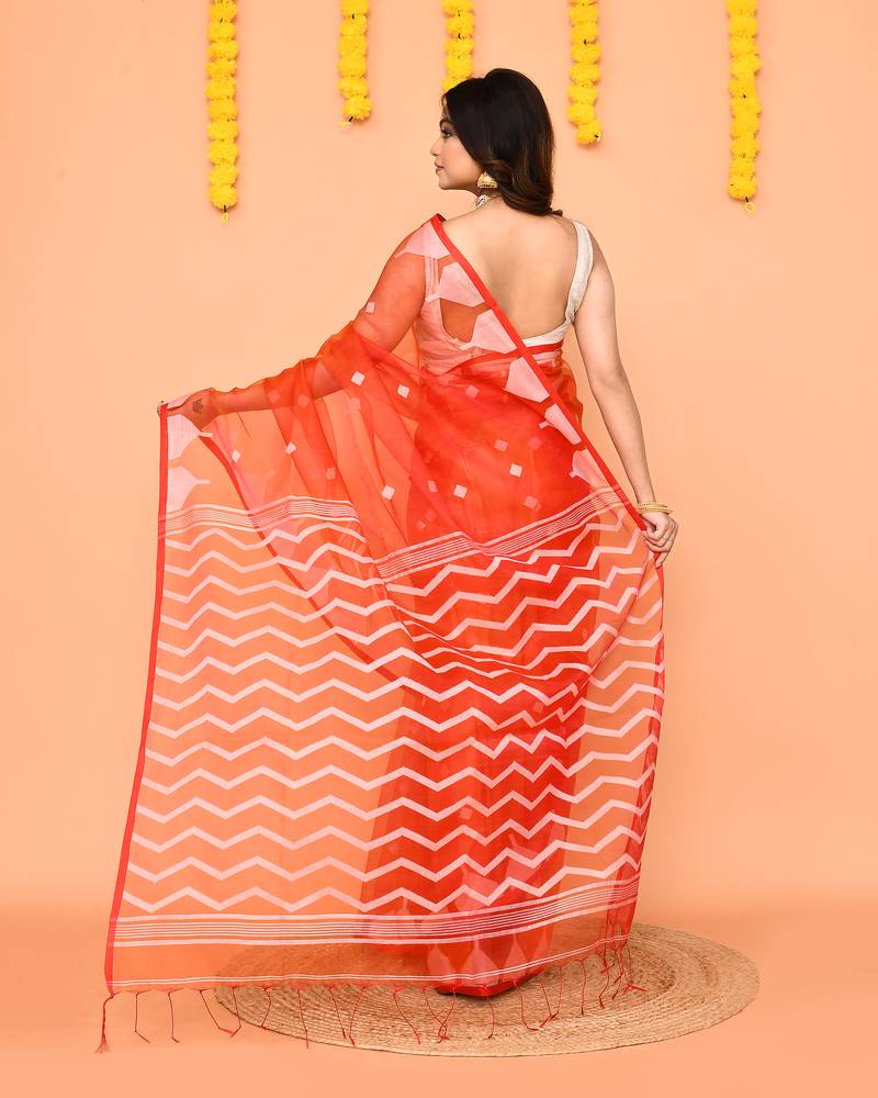 orange resham silk jamdani saree with contrast pallu