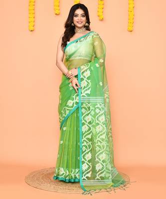 green resham silk jamdani saree with handwoven-unstitched 1
