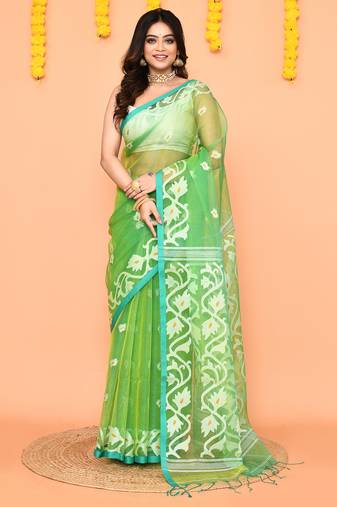green resham silk jamdani saree with handwoven-unstitched
