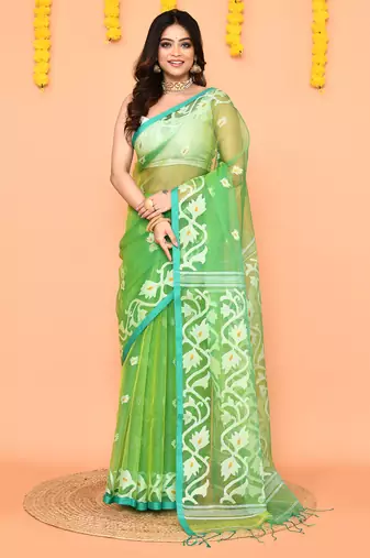 green resham silk jamdani saree with handwoven-unstitched