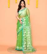 green resham silk jamdani saree with handwoven-unstitched