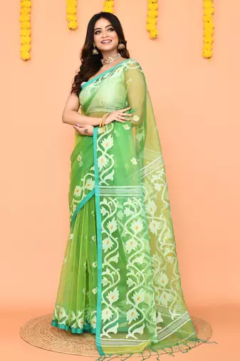 green resham silk jamdani saree with handwoven-unstitched