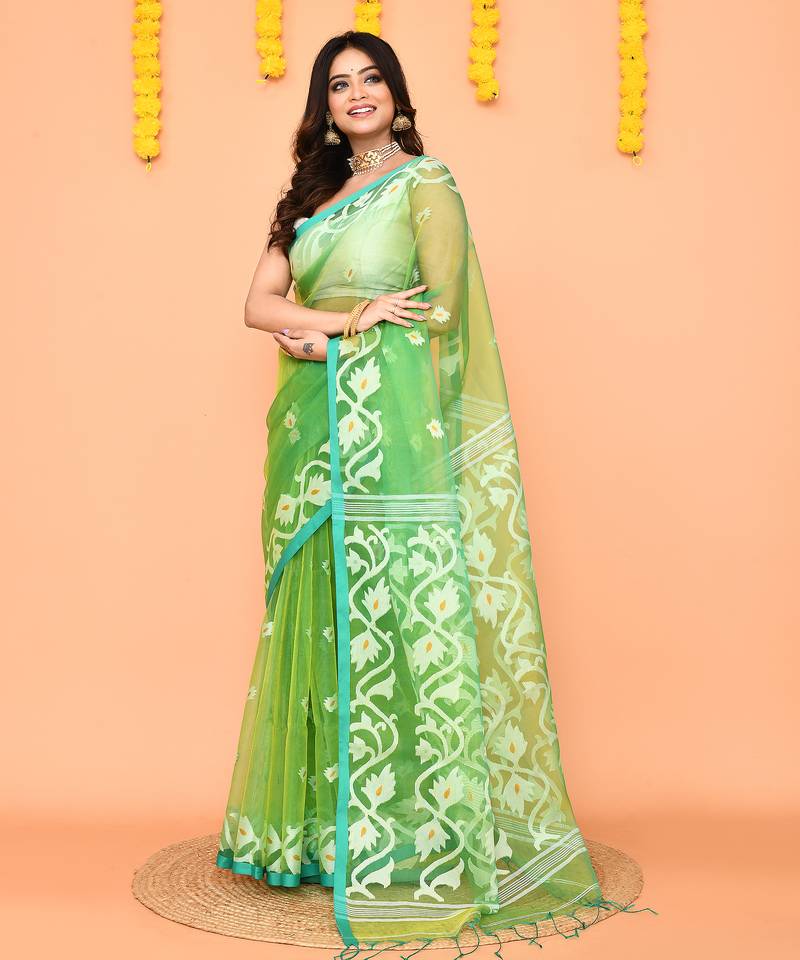 green resham silk jamdani saree with handwoven-unstitched