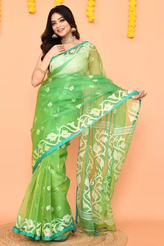 green resham silk jamdani saree with handwoven-unstitched