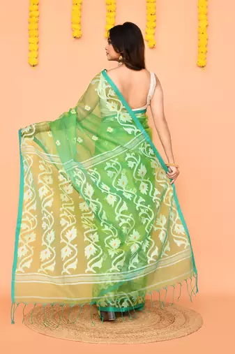 green resham silk jamdani saree with handwoven-unstitched