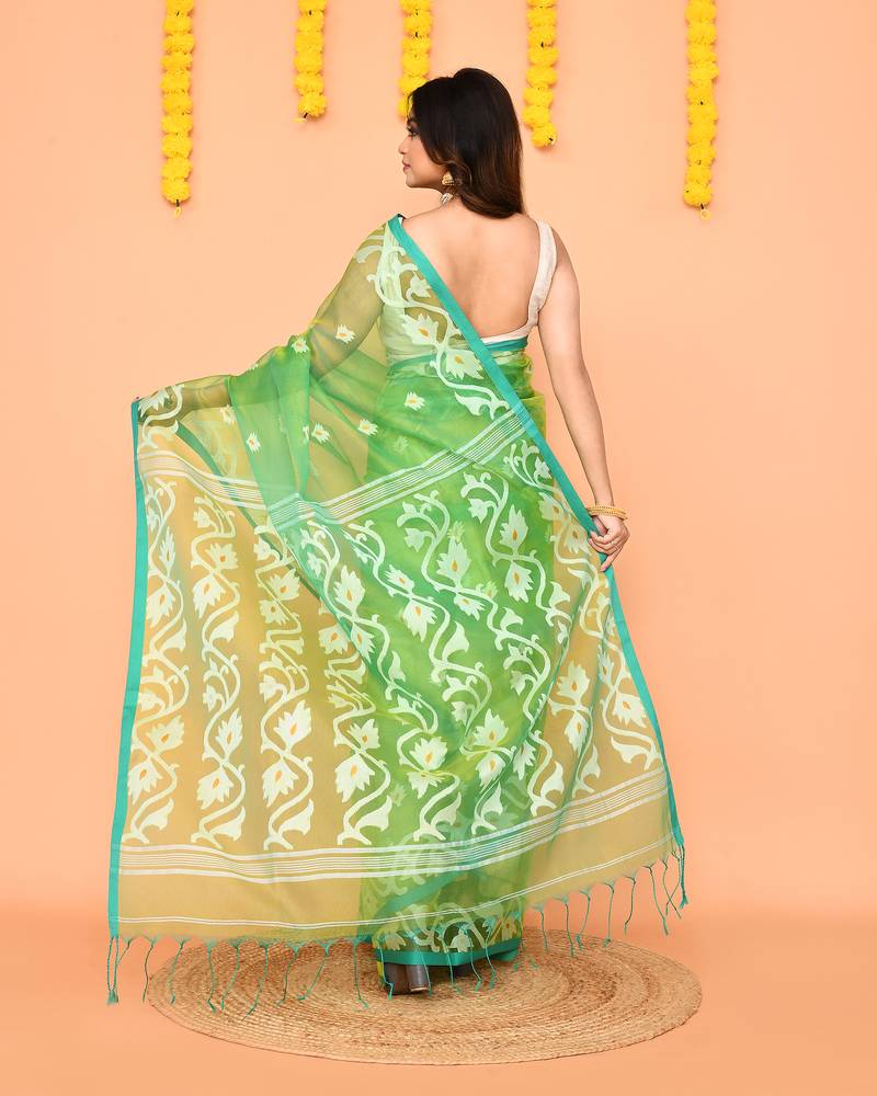 green resham silk jamdani saree with handwoven-unstitched
