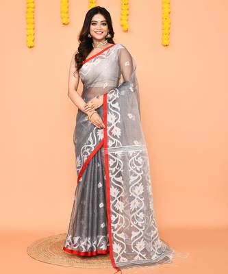 grey silk jamdani saree with handwoven contrast pallu 1