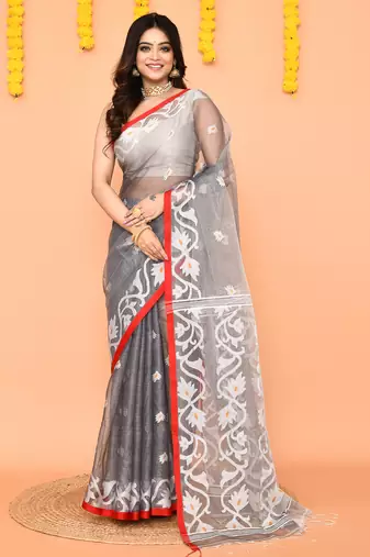 grey silk jamdani saree with handwoven contrast pallu