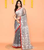 grey silk jamdani saree with handwoven contrast pallu