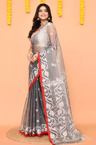 grey silk jamdani saree with handwoven contrast pallu