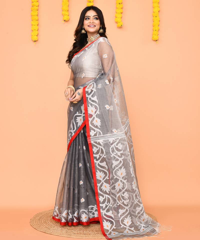 grey silk jamdani saree with handwoven contrast pallu