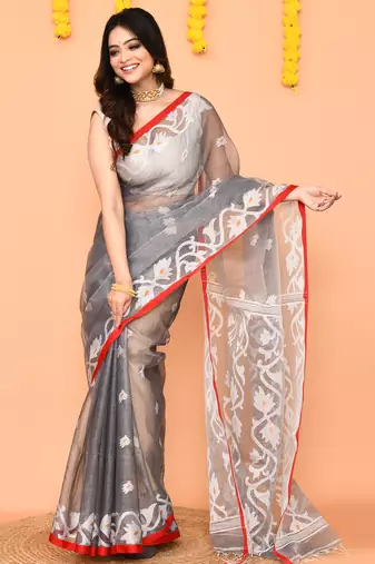 grey silk jamdani saree with handwoven contrast pallu
